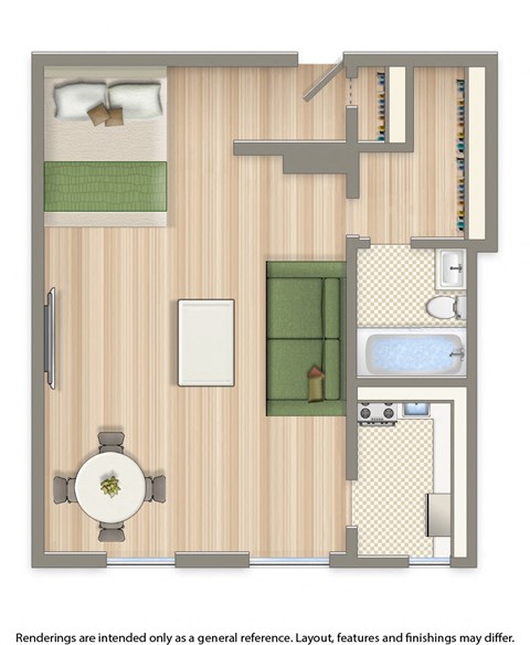 studio apartment floor plan rendering at the norwood apartments in washington dc